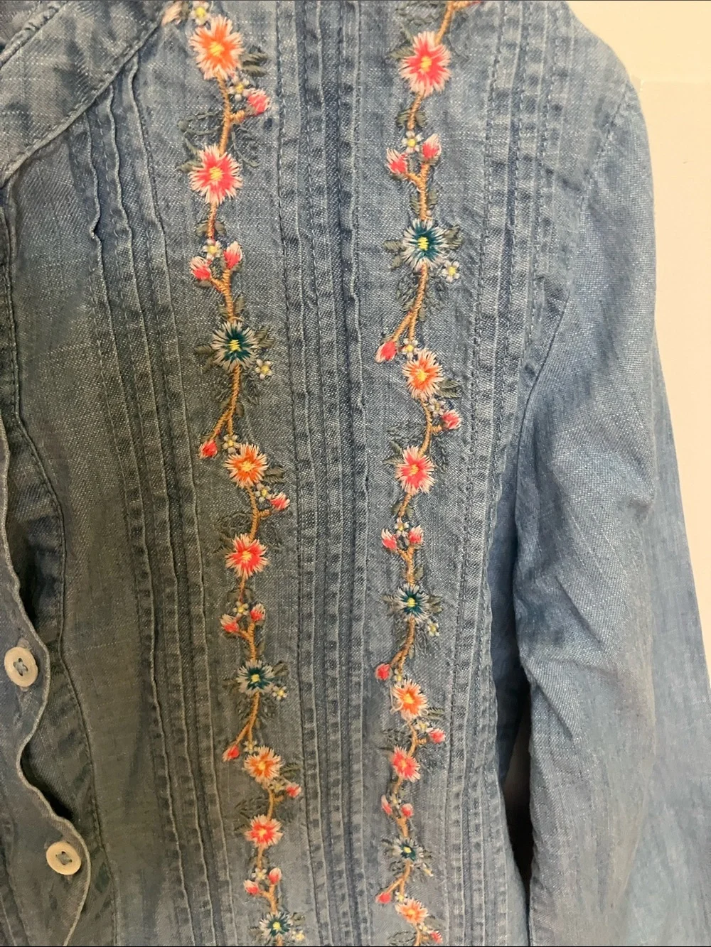 Bonton Light Blue Denim Jacket with Pink & Green Floral Embroidery